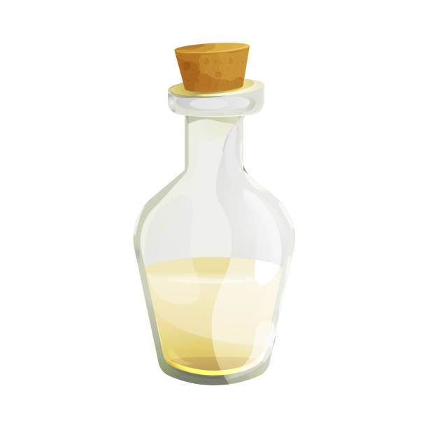 essig in glasflasche mit korken im cartoon-stil isoliert auf weißem hintergrund. apfel, weinflüssigkeit, dressing. vektorillustration - vinegar bottle balsamic vinegar cruet stock-grafiken, -clipart, -cartoons und -symbole