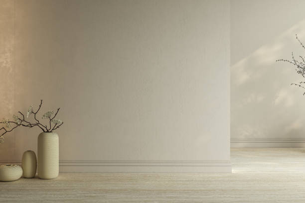 istock Modern bright minimalist interior blank wall in living room, dry plants in vases. 3d render illustration mock up. 1456070247