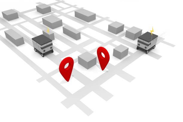 istock Deliver to destination. Read map information. A robot that delivers automatically. Machines deliver packages unattended. 1456073821