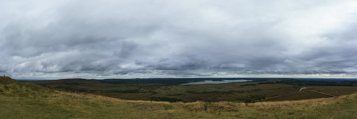 Panorama of beautiful green landscape seen from mont saint michel de brasparts with a lake Reservoir de Saint Michel, Brittany, France