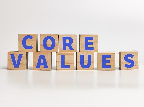 Core values concept on wooden cubes against white background.