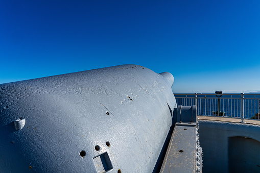 New York, NYC, USA-July 31 , 2023: U. S. S.submarine at museum pier 86 of Intrepid Sea, Air and Space museum in New York, docked on the Hudson River .