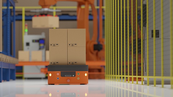 An AGV (Automated guided vehicle) with carton in smart factory.