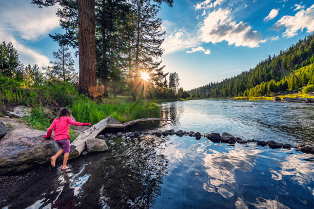 istock Child plays in nature, scenic beautiful forest and river area 1456085984