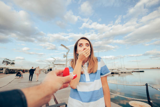 istock Surprised Woman Receiving an Engagement Ring on Vacation 1456091521