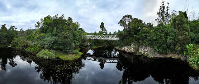 Aerial view of a bridge crossing a river in a lush forest. Old bridges along the 7 passes route on the Garden Route in South Africa.