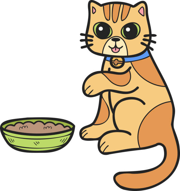 ilustrações, clipart, desenhos animados e ícones de gato listrado desenhado à mão comendo ilustração de comida no estilo doodle - domestic cat indoors domestic life image