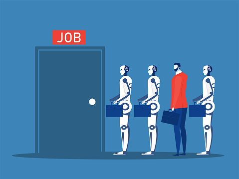 Job competition and recruitment concept,Robots waiting in line together with humans for vacant job competition of people and robots for jobs  vector illustration