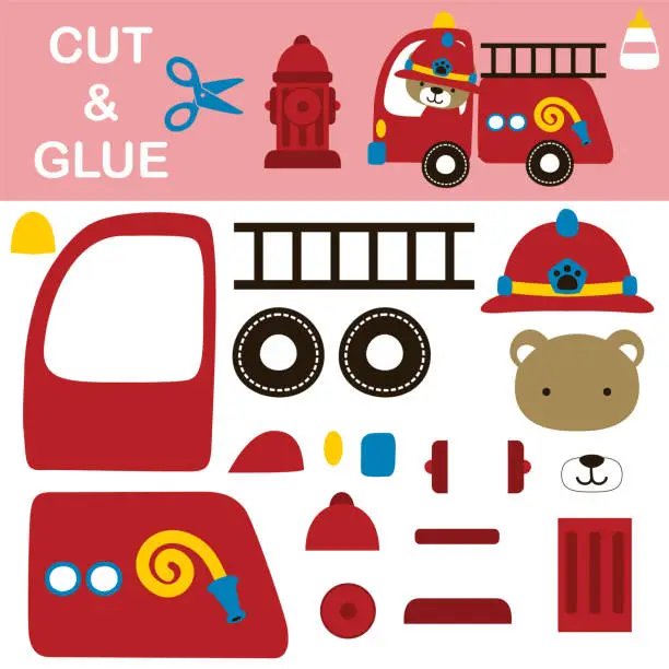 Vector illustration of Cute bear wearing firefighter helmet driving fire truck with hydrant. Education paper game for children. Cutout and gluing. Vector cartoon illustration
