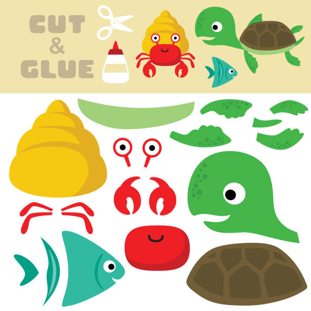 Marine animals cartoon, hermit crab, fish and turtle. Education paper game for children. Cutout and gluing. Vector cartoon illustration This illustration suitable for your business purpose or personal use. The illustration is vector-based. They are fully editable and scalable without losing resolution hermit crab stock illustrations