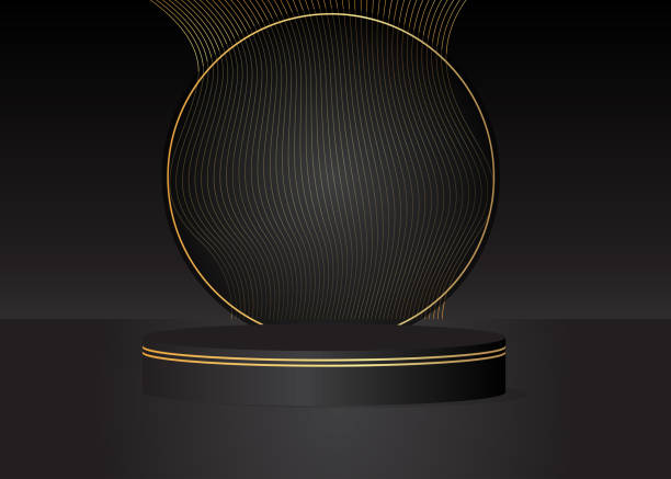 istock Black, Gold cylinder pedestal podium. Stage showcase for product display presentation. Futuristic Sci-fi minimal geometric forms, empty scene. Abstract Mockup product display. Realistic vector 3D room. 1456094421