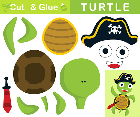 Cute turtle wearing pirate hat while carrying sword. Education paper game for children. Cutout and gluing. Vector cartoon illustration
