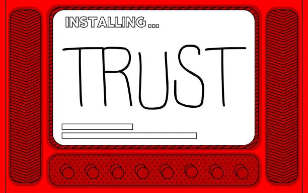 Vector illustration of Cartoon Computer With the word Trust. Message of a screen displaying an installation window.