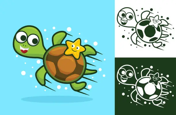 Vector illustration of Cute turtle with little starfish. Vector cartoon illustration in flat icon style