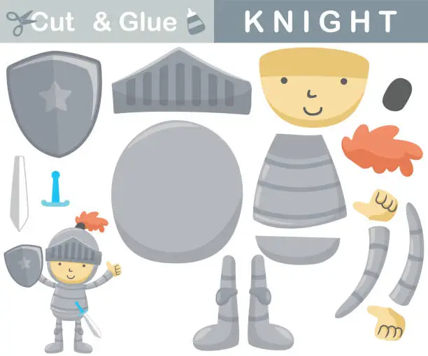 Vector illustration of Little knight with sword raising hand while holding shield. Education paper game for children. Cutout and gluing. Vector cartoon illustration