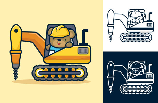 Cute bear driving tractor with drill. Vector cartoon illustration in flat icon style This illustration suitable for your business purpose or personal use. The illustration is vector-based. They are fully editable and scalable without losing resolution ursus tractor stock illustrations