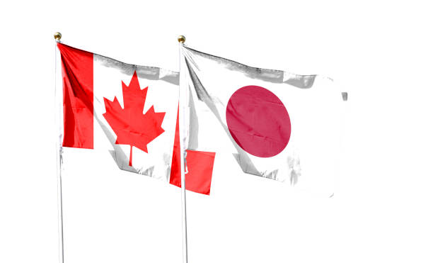 istock Japan and Canada flags against cloudy sky. waving in the sky 1456098677