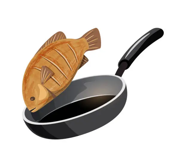 Vector illustration of fried fish in frying pan vector illustration