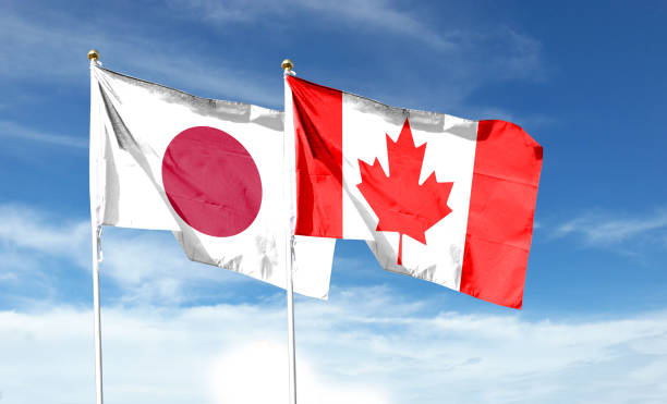 Japan and Canada flags against cloudy sky. waving in the sky