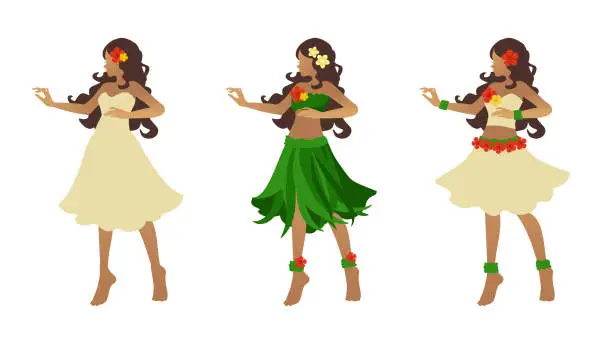 Vector illustration of Illustration of hula dancing.Silhouettes of hula girls in Hawaiian cultural costumes of different design variations. Clipart on white background.
