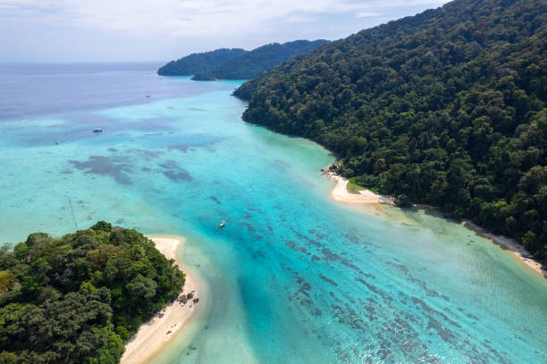 Sunny aerial view and aerial photographs of the beautiful tropical paradise beach of the Andaman Sea. amazing view Beach, turquoise water and coral amazing under the sea. Sunny aerial view and aerial photographs of the beautiful tropical paradise beach of the Andaman Sea. amazing view Beach, turquoise water and coral amazing under the sea. north shore stock pictures, royalty-free photos & images
