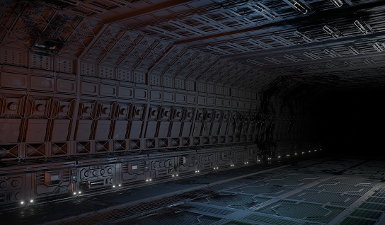 Wide angle view laboratory control room basement in dark scene 3D rendering sci-fi interior architecture wallpaper backgrounds