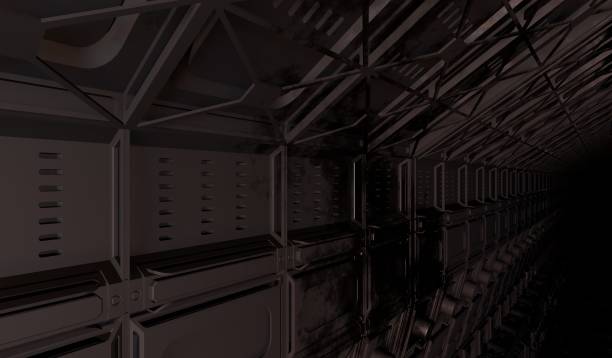 istock Metal wall control room industrial in dark scene 1456102971