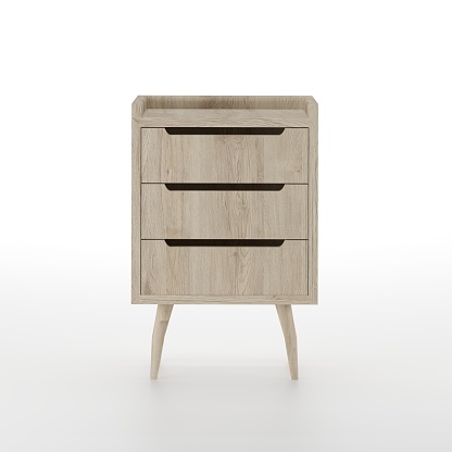 Mid century modern bedside table furniture design isolated on white background, 3d rendering illustration. Mid-century modern style wooden end table on white background.