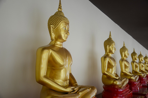 Golden Buddha images lined up at Wat Sothon Wararam Worawihan, Chachoengsao Province