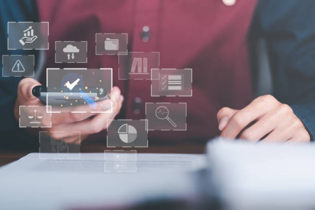 istock Businessman Audit online documents, quality assessment management With a checklist, business document evaluation process, market data report analysis and consulting, plan review process. 1456105427