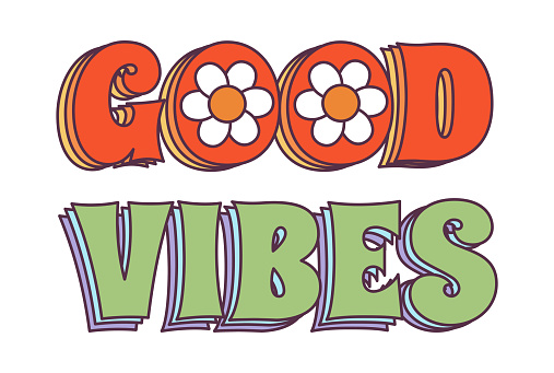 Retro 70s Groovy Hippie sticker sign - Good Vibes. Psychedelic cartoon element -funky illustration in vintage hippy style. Vector flat illustration for banner, flyer, invitation, card