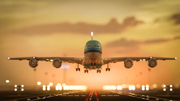 istock 3D illustration Render. Passenger plane is landing during a wonderful sunrise. 1456106117
