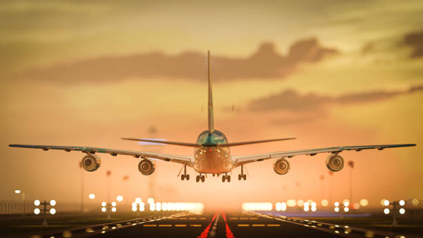 istock 3D illustration Render. Passenger plane is landing during a wonderful sunrise. 1456106119