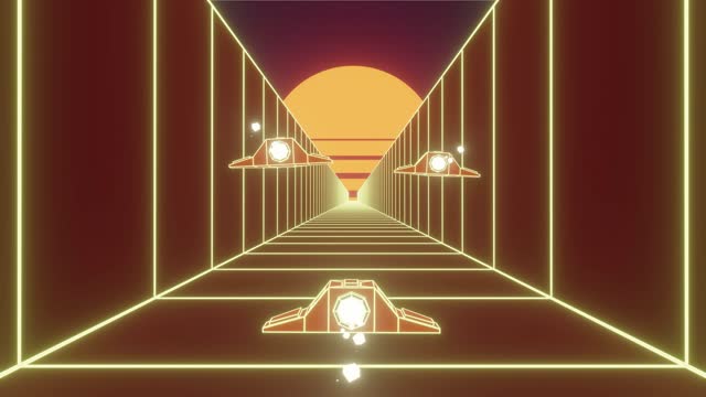 Looping Retro Computer Graphics Style Spaceships Flying Through a Trench 3D with Stylized Sunset Stock Animation Video