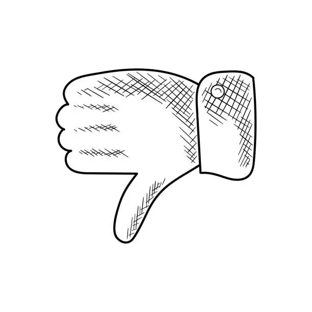 Vector illustration of Thumb down, a sign showing disapproval, dislike, black sketch outline doodle