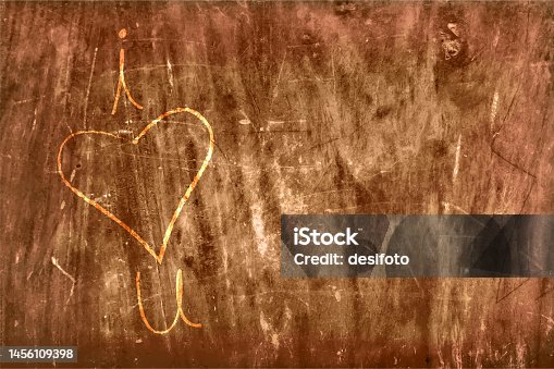 istock Old rustic dirty weathered dark brown colored grunge wall textured effect horizontal backgrounds or wallpaper with one heart scratched drawing over faded faint backdrop like a graffiti as part of I love you message 1456109398