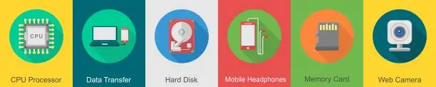 Vector illustration of A set of 6 computer and Hardware icons as cpu processor, data transfer, hard disk