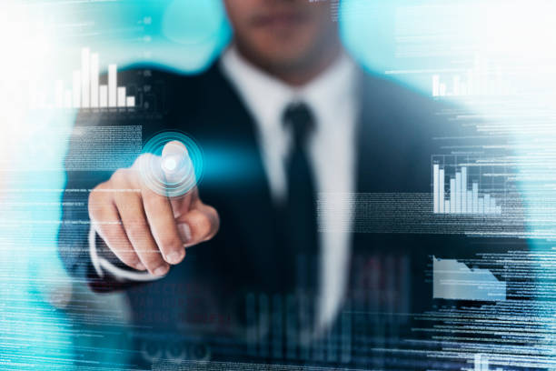 istock Hologram, technology and digital trading data analytics with business man using AI for stock market, investment and finance growth chart. Double exposure and future software with hand of trader male 1456115148