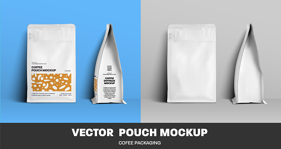 Mockup of vector coffee pouch, white package with modern design, with place for pattern, branding. Realistic illustration pack template, isolated on background