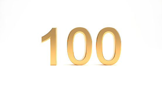 100 followers symbol 3d rendering. Gold 100 3d number illustration on white background. Celebration or thank you concept banner.