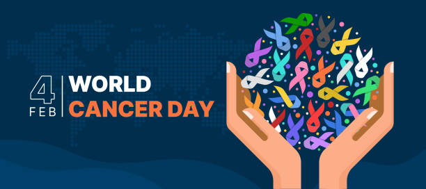 World Cancer Day - Two hand hold up circle shape with set of ribbons of different colors against cancer sign on dark blue dot world map texture background vector design World Cancer Day - Two hand hold up circle shape with set of ribbons of different colors against cancer sign on dark blue dot world map texture background vector design cancer stock illustrations