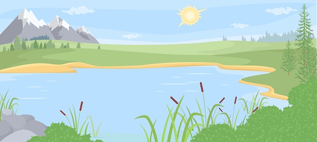 Mountain lake view vector illustration. Beautiful nature background. Summer landscape. Picturesque valley panorama with river in grassland