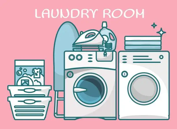Vector illustration of Laundry room and ironing equipment flat vector