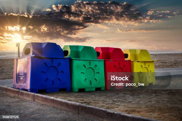 Plastic Garbage Bins Stock Photo - Download Image Now - Beach, Blue, Can