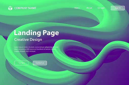 Landing page template for your website. Modern and trendy background. Abstract design with a fluid, liquid, 3D shape. Beautiful color gradient. This illustration can be used for your design, with space for your text (colors used: Green, Blue, Purple). Vector Illustration (EPS file, well layered and grouped), wide format (3:2). Easy to edit, manipulate, resize or colorize. Vector and Jpeg file of different sizes.