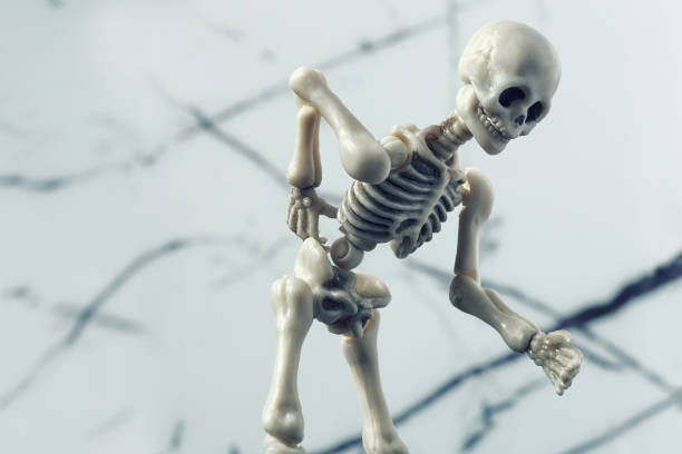 Skeleton figurine held back. Radiculitis concept, chronic back pain, physical injury, spine health problems stock photo