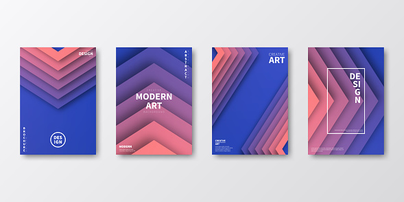 Set of four vertical brochure templates with modern and trendy backgrounds, isolated on blank background. 3D abstract illustrations with geometric shapes and beautiful color gradient in a paper cut style (colors used: Orange, Pink, Purple, Blue). Can be used for different designs, such as brochure, cover design, magazine, business annual report, flyer, leaflet, presentations... Template for your own design, with space for your text. The layers are named to facilitate your customization. Vector Illustration (EPS file, well layered and grouped). Easy to edit, manipulate, resize or colorize. Vector and Jpeg file of different sizes.