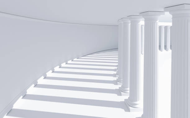 istock Row of white columns projecting shadows in a corridor with a curved wall: classical architecture with copy space 1456124261