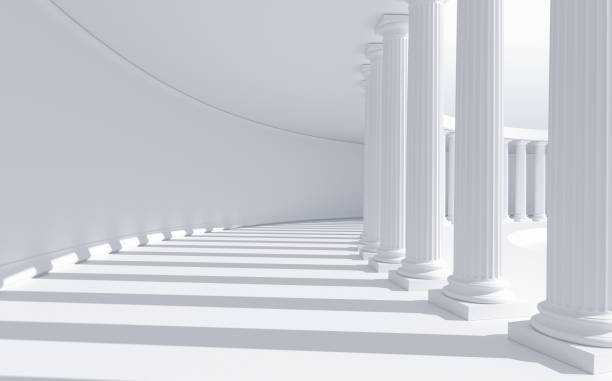 detalle de columnas blancas en una fila proyectando sombras en un largo corredor curvo: arquitectura clásica con espacio de copia - stability law trust legal system fotografías e imágenes de stock