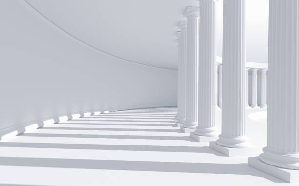 istock Detail of white columns in a row projecting shadows in a long curved corridor: classical architecture with copy space 1456124277